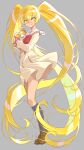  1girl absurdly_long_hair blonde_hair brown_footwear commentary_request cosplay cure_sunshine eyelashes grey_background happy heartcatch_precure! highres jj_(ssspulse) long_hair looking_at_viewer magical_girl myoudou_gakuen_middle_school_uniform myoudouin_itsuki myoudouin_itsuki_(cosplay) potpourri_(heartcatch_precure!) precure school_uniform self_cosplay shoes simple_background smile socks solo standing twintails very_long_hair yellow_eyes 