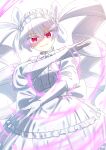  1girl absurdres bow bowtie chestnutj37 dress drill_hair frilled_dress frills gloves hair_ornament hair_ribbon highres long_hair looking_at_viewer open_mouth red_eyes ribbon smile solo twin_drills twintails white_dress white_gloves white_hair yozakura-san_chi_no_daisakusen yozakura_futaba 