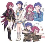  &gt;_&lt; 2girls :d annoyed bad_id bad_pixiv_id black_footwear black_jacket blue_eyes blue_hair blue_jacket blue_necktie boots camouflage camouflage_shirt closed_mouth collared_shirt cropped_torso crossed_arms ensemble_stars! fang food full_body fushimi_yuzuru genderswap genderswap_(mtf) glasses gloves grey_jacket hair_between_eyes hand_on_own_hip hand_up headset high_heel_boots high_heels highres jacket knee_boots long_hair long_sleeves looking_at_another looking_at_viewer meremero mole mole_under_eye multiple_girls multiple_views necktie open_mouth own_hands_together pants pudding puff_of_air purple_eyes purple_hair saegusa_ibara school_uniform shirt shirt_tug shuetsu_school_uniform skirt smile standing translation_request v-shaped_eyebrows white_background white_gloves white_jacket white_pants white_shirt white_skirt yumenosaki_school_uniform 