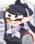  1girl amakusa_setoka black_hair blurry blurry_background bow-shaped_hair callie_(splatoon) can commentary_request drink_can eyelashes highres holding holding_can incoming_drink inkling long_hair mole mole_under_eye official_alternate_costume one_eye_closed orange_pupils pointy_ears short_eyebrows smile soda_can solo splatoon_(series) splatoon_3 star-shaped_pupils star_(symbol) symbol-shaped_pupils teeth tentacle_hair thick_eyebrows upper_body 