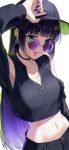  1girl absurdres black_hair bocchi_the_rock! breasts collar ear_piercing earrings forked_tongue glasses green_eyes hat heart highres jewelry looking_at_viewer medium_breasts navel pa-san piercing seisyuntarotto solo tongue white_background 