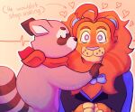  2024 anthro biped duo felid fur heart_symbol hi_res indigo_park kissing kissing_cheek lion lloydford_l._lion looking_at_viewer male mammal orange_body orange_fur pantherine procyonid purple_body purple_fur raccoon rambley_raccoon washbearzz 