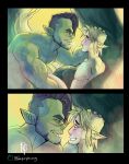  absurd_res blonde_hair blush daspurplesong duo elf green_body green_skin hair hi_res humanoid humanoid_pointy_ears male muscular muscular_humanoid muscular_male orc scar scars_all_over 