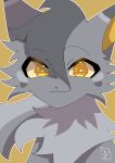  2022 :3 ambiguous_gender cel_shading domestic_cat eye_through_hair felid feline felis feral fluffy fur glistening glistening_eyes graystripe_(warriors) grey_body grey_fur grey_hair hair hi_res kemono looking_at_viewer male_(lore) mammal mirucha0804 neck_tuft outline shaded signature simple_background smile solo translucent translucent_hair tuft warriors_(book_series) white_outline yellow_background yellow_eyes yellow_inner_ear yellow_nose 