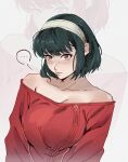  1girl alternate_hairstyle bare_shoulders black_hair blush breasts collarbone hairband highres large_breasts off-shoulder_sweater off_shoulder pudelmudel red_eyes red_sweater short_hair shy solo speech_bubble spy_x_family sweater upper_body white_hairband yor_briar 