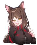  1girl absurdres ahri_(league_of_legends) animal_ear_fluff animal_ears black_hair black_nails blush breasts brown_eyes fang fingernails fox_ears fox_girl glasses hair_between_eyes highres large_breasts league_of_legends long_hair looking_at_viewer nail_polish open_mouth pelicana sidelocks simple_background skin_fang smile solo t1_(esports) white_background 