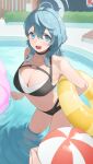  1girl 1other absurdres ako_(blue_archive) ao_tsukushi ball beachball bikini black_bikini blue_archive blue_eyes blue_hair blue_halo blush breasts cleavage day hair_between_eyes halo highres large_breasts long_hair navel open_mouth outdoors pool solo_focus swimsuit wading water 