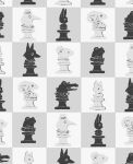  animal ascot bird bow bowtie checkered_background chess_piece clothed_animal collared_dress collared_jacket crow dress fox frog goat greyscale hat highres jacket lapels monochrome no_humans notched_lapels object_focus original rabbit shirt simple_background tono_(rt0no) top_hat traditional_bowtie 