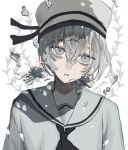  1boy artist_name commentary_request grey_eyes hat highres jellyfish kuleha_s original sailor sailor_collar sailor_hat short_hair simple_background solo star_(symbol) underwater water white_background white_hair 