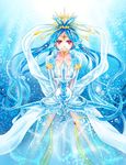  armlet blue_dress blue_hair choker collarbone crown diving djinn_equip dress forehead_jewel grin hair_ornament hair_rings highres light_rays long_hair magi_the_labyrinth_of_magic outdoors red_eyes ren_kougyoku shawl smile solo standing sunlight underwater water weapon 