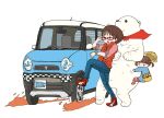  &gt;:) 2girls animal back_to_the_future bag bear blue_pants brown_hair car child closed_mouth commentary_request fire glasses hair_bobbles hair_ornament hat kindergarten_bag kindergarten_uniform motor_vehicle multiple_girls original pants pantyhose pink_shirt polar_bear red-framed_eyewear red_vest school_hat shirt short_sleeves simple_background smile striped_clothes striped_pantyhose suzuki_(company) suzuki_hustler twintails v-shaped_eyebrows vest watch white_background wristwatch yellow_hat yukimoto_shuuji_(gurigura) 