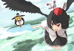  black_hair black_wings blonde_hair bow broom broom_riding brown_eyes flying hat hat_bow kamukamu_(ars) kirisame_marisa multiple_girls red_eyes shameimaru_aya tokin_hat touhou wings witch_hat 