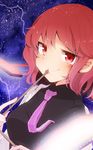  aoi_(annbi) breasts drum drumsticks ears flare highres holding horikawa_raiko instrument lightning medium_breasts necktie off_shoulder purple_neckwear red_eyes red_hair sky smile solo star_(sky) starry_sky suit_jacket touhou 