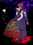  1girl bad_id bad_pixiv_id beatrice black_battler blonde_hair blood bloody_hands bug butterfly dress flower from_behind hair_bun hair_flower hair_ornament hug insect red_hair rose sousui_hani umineko_no_naku_koro_ni ushiromiya_battler wide_sleeves 