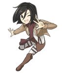  black_hair boots brown_eyes buckle emblem full_body jacket mikasa_ackerman one_eye_closed open_mouth out_of_character outstretched_hand pants paradis_military_uniform poaro scarf shingeki_no_kyojin shirt solo strap training_corps_(emblem) transparent_background v white_shirt 