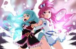  2girls blue_eyes blue_hair cosplay cure_black cure_black_(cosplay) cure_blossom cure_marine cure_white cure_white_(cosplay) futari_wa_precure hanasaki_tsubomi heartcatch_precure! kurumi_erika multiple_girls open_mouth panties pink_eyes pink_hair precure underwear 