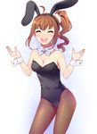  :d ^_^ ahoge animal_ears blush bow bowtie breasts brown_hair bunny_ears bunnysuit cleavage closed_eyes detached_collar fake_animal_ears fishnet_pantyhose fishnets idolmaster idolmaster_million_live! long_hair medium_breasts open_mouth pantyhose scrunchie side_ponytail smile solo totokichi wrist_cuffs yokoyama_nao 