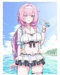  absurdres beach bikini bikini_skirt blue_eyes blue_sky bracelet breasts can cleavage cloud cloudy_sky dated elysia_(honkai_impact) elysia_(miss_pink_elf)_(honkai_impact) elysia_(summer_miss_elf)_(honkai_impact) hair_between_eyes headband highres holding holding_can honkai_(series) honkai_impact_3rd jewelry kabuto_tong large_breasts legband long_hair looking_at_viewer navel necklace ocean palm_tree pearl_necklace pink_hair sky stomach swimsuit thighs tree very_long_hair white_bikini white_headband 
