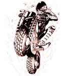  fountain_pen_(medium) ground_vehicle highres jojo_no_kimyou_na_bouken jojolion kamiura monochrome motor_vehicle motorcycle no_humans snow snowflakes stand_(jojo) stunt wheelie 