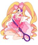  big_hair blonde_hair blue_eyes boots bow breasts choker cleavage dress drill_hair earrings eyepatch hair_bow harime_nui heart jewelry kill_la_kill licking_lips long_hair medium_breasts pink_bow pink_skirt scissor_blade skirt smile solo spoilers strapless strapless_dress surumeider tongue tongue_out twin_drills twintails white_background wrist_cuffs 