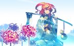  apron bottle coin dress flower frills hair_bobbles hair_ornament hand_on_hip long_sleeves obi onozuka_komachi red_eyes red_hair sake_bottle sash scythe short_hair simple_background solo spider_lily touhou two_side_up wide_sleeves zounose 