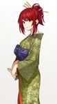  bow character_request fan floral_print folding_fan from_side gradient gradient_background grey_background hair_ornament hair_stick japanese_clothes kimono lips looking_at_viewer obi poaro ponytail red_eyes red_hair sash sengoku_wars sengoku_wars_zero simple_background smile solo tassel 