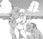  2boys beach bikini blush breasts fairy_tail greyscale highres huge_breasts imminent_rape jewelry long_hair lucy_heartfilia monochrome multiple_boys necklace open_mouth sketch striped striped_bikini striped_swimsuit swimsuit velzhe 