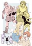  1girl 2boys anger_vein armor beard_stubble blonde_hair blue_capelet blush boots braid brown_hair capelet carrying chilchuck_tims chilchuck_tims_(tallman) choker closed_eyes commentary dungeon_meshi facial_hair fingerless_gloves gloves katagiri_atsuko laios_touden laios_touden_(dwarf) long_hair marcille_donato marcille_donato_(half-foot) multiple_boys multiple_views pants pointy_ears simple_background stubble symbol-only_commentary twin_braids 