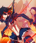  back-to-back black_hair black_legwear blonde_hair blue_eyes bow breasts dress drill_hair earrings eyepatch gloves hair_bow harime_nui jewelry kill_la_kill large_breasts life_fiber long_hair matoi_ryuuko midriff multicolored_hair multiple_girls navel ohs80002 pink_dress red_eyes red_string revealing_clothes scissor_blade senketsu short_hair sideboob skirt smile strapless strapless_dress string suspenders thighhighs twin_drills twintails two-tone_hair underboob weapon wrist_cuffs 