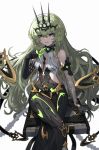  1girl absurdres asymmetrical_gloves bare_shoulders black_dress black_gloves black_tiara breasts cleavage_cutout clothing_cutout dress earrings elbow_gloves gloves green_eyes green_hair hair_between_eyes highres honkai_(series) honkai_impact_3rd jewelry kabuto_tong long_hair looking_at_viewer mobius_(honkai_impact) ouroboros side_cutout sitting sitting_on_object slit_pupils small_breasts smile solo spikes tiara very_long_hair white_background 