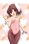  absurdres animal_ears blush brown_hair bunny_ears bunnysuit carrot highres inaba_tewi open_mouth pantyhose red_eyes short_hair smile solo touhou wrist_cuffs yanmarson 