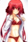  absurdres bat_wings blush bra breasts cleavage dress_shirt head_wings highres koakuma long_hair looking_at_viewer medium_breasts no_pants open_clothes open_shirt pandamonium panties red_bra red_eyes red_hair red_panties shirt simple_background sketch solo touhou underwear white_background wings 