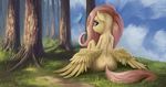  arthropod butterfly cutie_mark equine female feral fluttershy_(mlp) friendship_is_magic fur grass hair horse insect long_hair mammal my_little_pony outside pegasus pink_hair pony raedrob sitting solo tree wings yellow_fur 