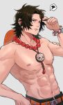  1boy abs absurdres annoyed bead_necklace beads black_hair freckles hat highres jewelry kameoka908 log_pose male_focus muscular muscular_male necklace one_piece orange_hat portgas_d._ace solo tattoo toned toned_male topless_male upper_body v-shaped_eyebrows 