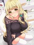  bedside blonde_hair breasts brown_eyes carpet cup floral_print glasses large_breasts light_smile long_hair looking_at_viewer meropan nightstand original raised_eyebrows solo teacup thighhighs white_legwear 