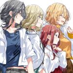  4girls asanagi_yori black_choker black_hair black_shirt blonde_hair blue_eyes blue_shirt choker closed_eyes collarbone commentary_request cowboy_shot earrings fang floating_hair green_eyes hair_intakes hair_ornament hairclip hand_up jacket jewelry long_hair medium_hair midriff_peek mizuguchi_aki multiple_girls navel official_art open_clothes open_jacket open_mouth orange_shirt parted_lips red_hair sasayaku_you_ni_koi_wo_utau shirt sidelocks simple_background sleeves_past_wrists tachibana_kaori_(sasakoi) takeshima_eku tied_skirt tsutsui_mari_(sasakoi) white_background white_jacket 