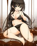  bikini black_bikini black_hair blue_eyes blush chocolate flower hair_flower hair_ornament kawakami_masaki legs licking long_hair looking_at_viewer navel open_mouth saten_ruiko solo swimsuit to_aru_kagaku_no_railgun to_aru_majutsu_no_index tongue very_long_hair 