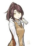  blazer brown_hair commentary_request highres jacket juice_box looking_at_viewer open_collar original poaro ponytail shirt signature simple_background sipping solo white_background white_shirt yellow_eyes 