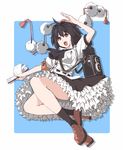  black_hair camera frills hat jumping kamukamu_(ars) looking_at_viewer notebook open_mouth red_eyes shameimaru_aya smile solo thighs tokin_hat touhou 