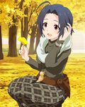  ahoge blue_hair blush feathers idolmaster idolmaster_(classic) idolmaster_million_live! leaf miura_azusa official_art red_eyes short_hair solo tree watch yellow 