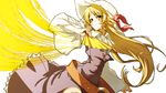  belt blonde_hair dress fan hat hat_ribbon kuronuko_neero long_hair long_sleeves looking_at_viewer purple_dress ribbon shirt simple_background slashing smile solo thighhighs touhou very_long_hair watatsuki_no_toyohime white_background wide_sleeves yellow_eyes zettai_ryouiki 