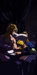  bed blonde_hair dio_brando father_and_son giorno_giovanna highres hin jojo_no_kimyou_na_bouken multiple_boys pillow reading sleeping 