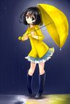  another black_hair blue_eyes boots drawfag heterochromia highres looking_at_viewer misaki_mei pigeon-toed rain raincoat red_eyes rubber_boots short_hair skirt smile solo umbrella 