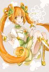  boots bow brown_eyes choker cure_rosetta curly_hair dokidoki!_precure double_bun earrings flower green_choker hair_flower hair_ornament hair_ribbon highres jewelry knee_boots long_hair magical_girl orange_hair precure puffy_sleeves ribbon skirt smile solo sumi_mi twintails yotsuba_alice 