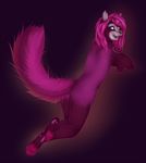  ambiguous_gender anthro back butt claws cydergerra digitigrade fluffy_tail fur girly hair hindpaw looking_back lying male mammal mustelid nude on_front open_mouth pawpads paws pink_eyes pink_fur pink_hair plain_background red_panda soles solo toes 