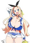  :d artist_name belt blonde_hair blue_eyes breasts cheerleader cleavage clothes_writing dated english front-tie_top highres huge_breasts long_hair navel open_mouth original pom_poms profanity short_shorts shorts signature smile solo toudori very_long_hair 