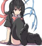  asymmetrical_wings black_hair black_legwear feet houjuu_nue kamukamu_(ars) pov_feet red_eyes sitting soles solo thighhighs touhou wings 