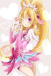  aida_mana arm_warmers blonde_hair bow choker colored_eyelashes cure_heart curly_hair dokidoki!_precure earrings grin hair_ornament half_updo heart heart_hair_ornament heart_hands highres jewelry long_hair magical_girl one_eye_closed pink_bow pink_eyes pink_sleeves ponytail precure ribbon skirt smile solo sumi_mi 
