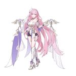  1girl absurdres bare_shoulders bell black_shorts boots breasts bridal_garter cleavage clothing_cutout detached_sleeves elbow_gloves elysia_(herrscher_of_human:_ego)_(honkai_impact) elysia_(honkai_impact) gloves hair_between_eyes high_heel_boots high_heels highres honkai_(series) honkai_impact_3rd kabuto_tong legs long_hair looking_at_viewer pink_hair purple_eyes shirt short_shorts short_sleeves shorts side_cutout smile solo thighs triquetra very_long_hair white_background white_footwear white_gloves white_shirt white_veil 