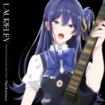  1girl black_background black_dress blue_bow blue_bowtie blue_hair bow bowtie collared_shirt commentary_request dress dress_shirt hair_between_eyes hair_ribbon holding holding_instrument instrument izumi_shiho long_hair looking_at_viewer official_art one_side_up open_mouth pinafore_dress puffy_short_sleeves puffy_sleeves purple_eyes ribbon sasayaku_you_ni_koi_wo_utau school_uniform shirt short_sleeves sidelocks simple_background sleeveless sleeveless_dress solo teeth upper_body upper_teeth_only white_shirt yellow_ribbon 